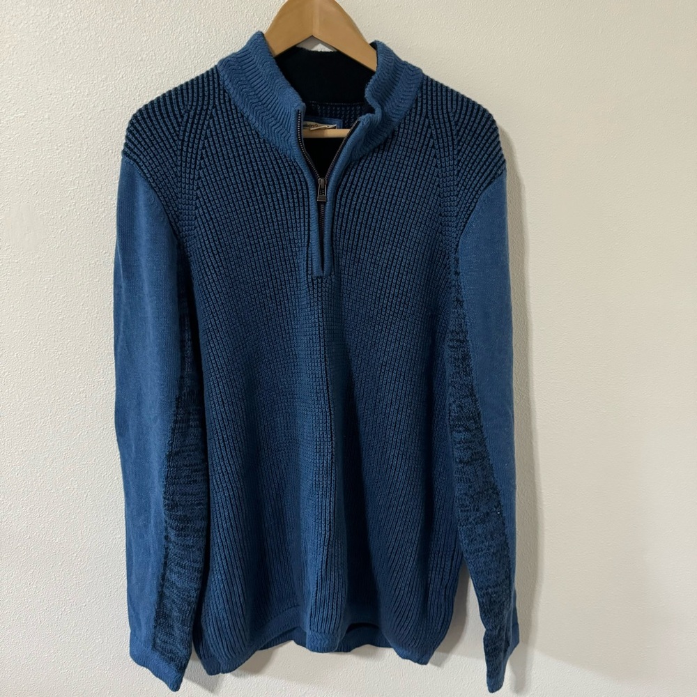 Carbon2Cobalt Cashmere 1/4 Zip Sweater Blue Black Textured Midweight Knit-L
